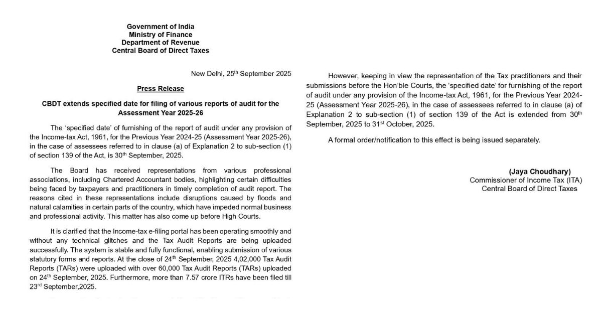 CBDT Extends Tax Audit Report Filing Due Date for AY 2025-26