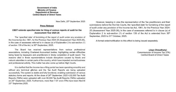 CBDT Extends Tax Audit Report Filing Due Date for AY 2025-26